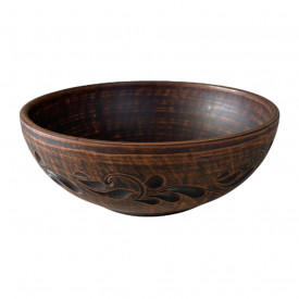 Castron ceramic maro, lucrat manual, decor sculptat, 17 cm