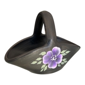 Coșuleț ceramic negru pictat manual cu flori lila – decor elegant artizanal