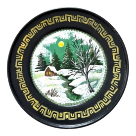 Farfurie decorativa ceramica neagra Marginea - Pictata manual peisaj de iarna cu cabana, 24 cm