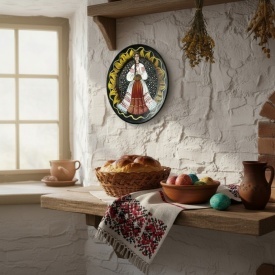 Farfurie decorativa din ceramica pictata manual - model traditional,fata cu paine si sare, 24 cm, - Img 2