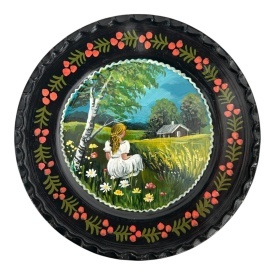 Farfurie din ceramica, neagra, pictata manual, unicat, 24 cm