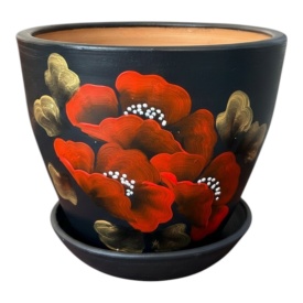 Ghiveci ceramic negru pictat manual cu farfurie si drenaj – ghiveci pentru plante interior exterior, 15 cm