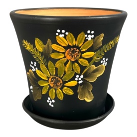 Ghiveci ceramic negru pictat manual cu flori galbene si drenaj – accent decorativ pentru plante 15 cm interior exterior