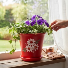 Ghiveci ceramic rosu pictat manual cu margarete albe si drenaj – ghiveci decorativ plante interior exterior 15 cm - Img 3