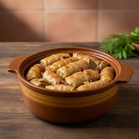 Oala de lut pentru sarmale 4L, smaltuita, ceramica maro cu capac, lucrata manual, gatit traditional la cuptor - Img 3