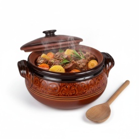Oala de sarmale, din lut, ceramica, smaltuita, glazurata, cu capac, maro, 5 litri - Img 4