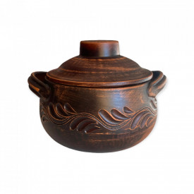 Recipient cu capac din ceramica, traditional, sculptat, maro, 14 cm