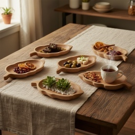 Set 6 platouri din lemn forma frunza – platouri servire din lemn masiv pentru aperitive si prezentare - Img 5