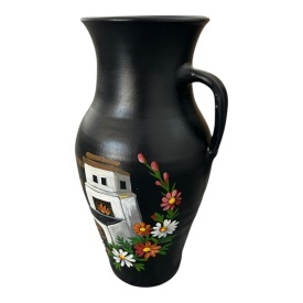 Ulcior ceramic negru, pictat manual, model soba traditionala, decor rustic romanesc, handmade, ulcior decorativ pentru casa, colectie, cadou premium, 30 cm - Img 2
