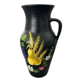 Ulcior ceramic negru, pictat manual, model Sporul Casei, struguri, para si spice de grau, handmade, decor traditional romanesc, cadou premium, 30 cm - Img 3