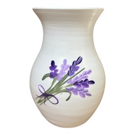 Vaza alba, cu lavanda pictata manual, 20 cm, ceramica decorativa, handmade, eleganta, pentru flori, decor casa, cadou deosebit