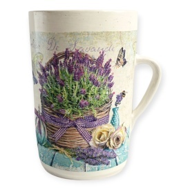 Vaza alba tip carafa cu maner 20 cm, design elegant cu buchete de lavanda, decor manual, pentru flori