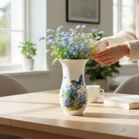 Vaza ceramica alba 25 cm decorata manual - vaza flori naturale si uscate model flori albastre si fluture - Img 2