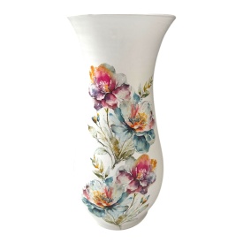 Vază ceramică albă cu buchete de flori, 30 cm, lucrată manual la Marginea