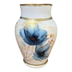 Vaza ceramica alba, decorativa, flori albastre, detalii aurii, pentru flori, decor living, cadou premium, 20 cm