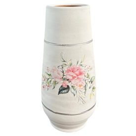 Vaza ceramica Marginea 30 cm – Vaza decorativa alba cu buchet de trandafiri si detalii argintii, lucrata manual