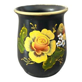 Vaza ceramica neagra, 16 cm, pictata manual, flori galbene, detalii aurii, margine aurie, handmade, vaza decorativa mica pentru flori