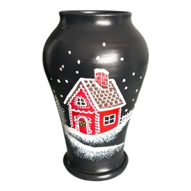 Vaza ceramica neagra pictata manual cu casuta rosie de Craciun, iarna, unicat, lucrata la Marginea, 20 cm – decor festiv