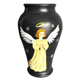 Vaza ceramica neagra pictata manual cu ingeras, unicat, lucrata la Marginea, 20 cm – decor de Craciun