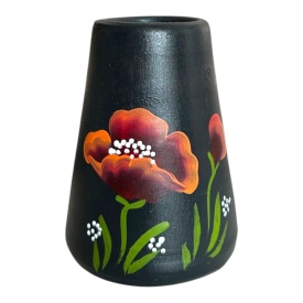 Vaza ceramica neagra pictata manual cu maci, decor handmade, 12 cm