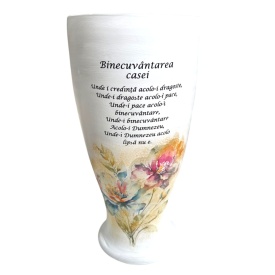 Vază decorativă ceramică albă, 32 cm, cu buchet floral și detalii aurii, mesaj „Binecuvântarea Casei” – decor elegant, cadou casă nouă