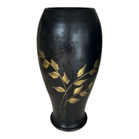 Vaza decorativa, vaza ceramica, vaza neagra, vaza pentru flori, vaza cu frunze aurii, pictata manual, design minimalist, eleganta, 25 cm