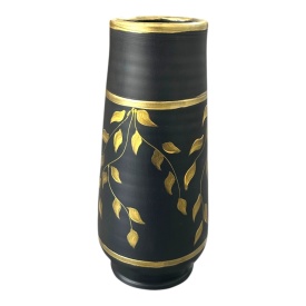 Vaza din ceramica neagra de marginea, 30 cm, pictata manual, auriu– model frunze, autentica - Img 2