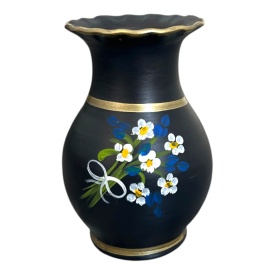 Vaza din ceramica neagra, pictata manual, buchet de flori, handmade, 20 cm