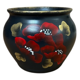 Bol ceramic negru, pictat manual, maci rosii, pentru flori, suport creioane, decor birou, cadou handmade, 14 x 14 cm