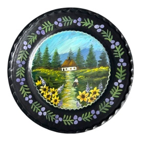 Farfurie decorativa ceramica de perete handmade pictata manual, casa la munte cu flori, 24 cm