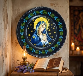 Farfurie decorativa, pictura manuala, Fecioara Maria, decor pentru perete, icoana, 24 cm - Img 2