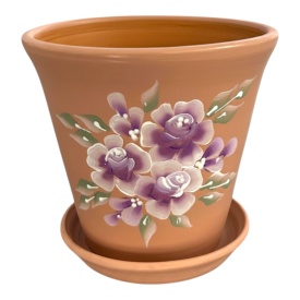 Ghiveci ceramic bej pictat manual cu buchet de flori si drenaj – ghiveci decorativ plante interior exterior 15 cm