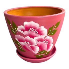 Ghiveci ceramic fuchsia pictat manual cu drenaj si farfurie – ghiveci decorativ pentru plante interior exterior 15 cm - Img 1