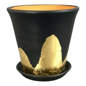 Ghiveci ceramic negru decorat cu foita de aur si drenaj – ghiveci elegant pentru plante interior exterior 15 cm