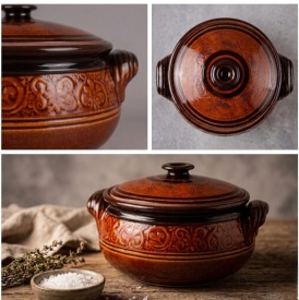 Oala de sarmale, din lut, ceramica, smaltuita, glazurata, cu capac, maro, 5 litri - Img 2