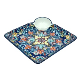 Platou din ceramica, albastru, pentru servire, sosiera integrata, 2in1, 19 cm - Img 2
