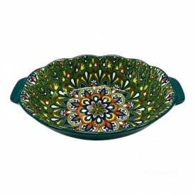 Platou oval ceramic verde cu manere, termorezistent, pentru gatit si servire, 24 x 15 cm