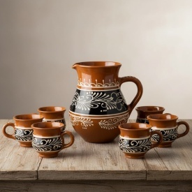 Set ceramic pentru tuica, 7 piese, lucrat manual, vesela traditionala