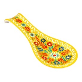 Suport de lingura din ceramica, galben, pictat manual, model floral colorat, suport ustensile bucatarie, decor vesel, 24x9,5 cm