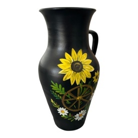 Ulcior ceramic negru, pictat manual, model rustic cu floarea soarelui, caruta si flori de camp, handmade, decor traditional, cadou premium, 30 cm - Img 3