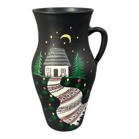 Ulcior decorativ 30 cm pictat manual – ceramica traditionala Martinescu Marginea, motiv casa taraneasca si stergar
