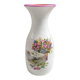 Vaza alba ceramica, pictata manual cu buchet de flori si carte, 25 cm, model pentru iubitorii de lectura