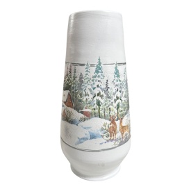 Vaza ceramica 30 cm, decorata manual cu peisaj de iarna, padure, accente argintii