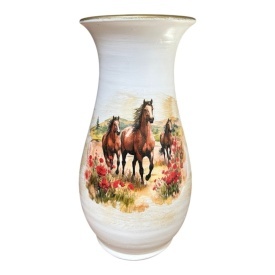 Vaza ceramica alba, decorata manual, cai, detalii aurii, pentru flori, decor living, cadou elegant, 30 cm