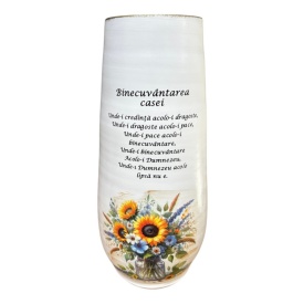 Vaza ceramica alba, decorativa, Binecuvantarea Casei, flori, decorata manual, 42 cm