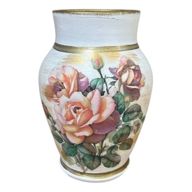 Vaza ceramica alba, decorativa, trandafiri roz, detalii aurii, pentru flori, decor living, cadou premium, 20 cm