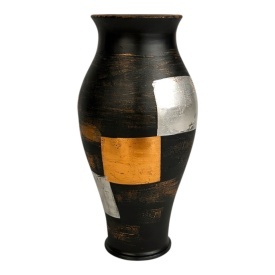 Vaza ceramica neagra 40 cm decorata manual la Marginea cu foita de argint, bronz si bronz patinat, frunze negre – piesa unica eleganta