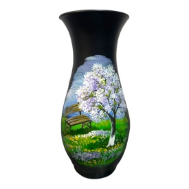 Vază ceramică neagră Marginea 30 cm – pictată manual cu peisaj de parc, unicat din Bucovina