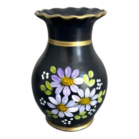Vaza ceramica neagra pictata cu margarete - 20 cm - lucrata manual