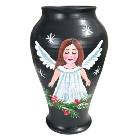 Vaza ceramica neagra pictata manual cu ingeras si aranjament de Craciun, 20 cm – decor artizanal